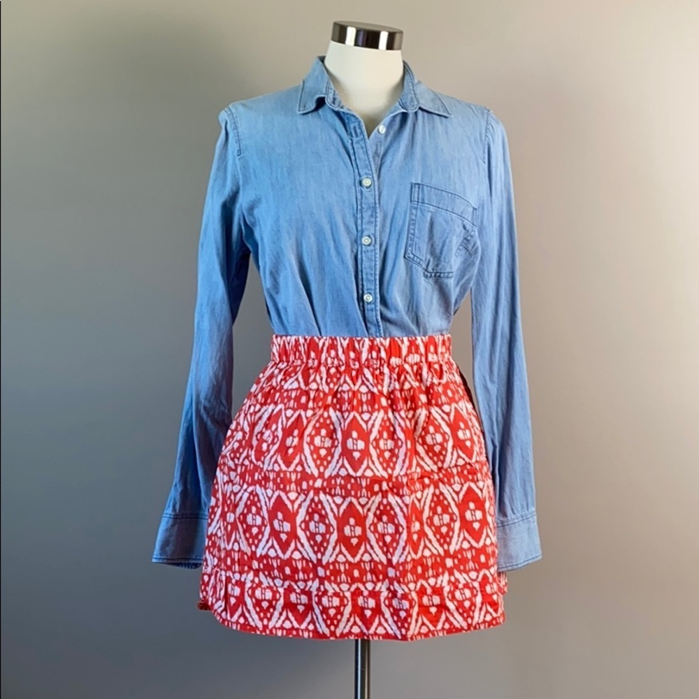 J. Crew Factory Mini Paper Bag Skirt Cotton Ikat/Tribal Orange/White Medium - Picture 2 of 8